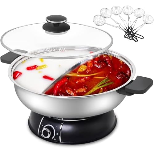 Electric Shabu Shabu Hot Pot, 304 Stainless Steel Hot Pot with Divider Electric pot with Tempered Glass Lid for Party, Family Gathering,5L large capacity (160BU-LIFT)