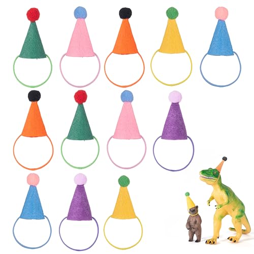 Fiestivo 12Pcs Mini Party Hats for Stuffed Animals Figures Toys Dinosaur Tiny Hats for Crafts Colorful Doll Party Decor Adjustable Cone Hat with Tinsel Pom Pom Birthday Cake Toppers Accessories