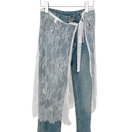 Women Korean Eyelash Lace Layering Long Skirt Hip Scarf with Tie Up Vintage Flower Lace Hip Covering Apron Skirts
