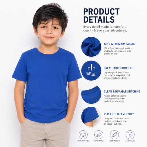 Image of Kids Round Neck Boys Tshirt | Short Sleeves | Natural Organic 100% Cotton Soft Comfortable Fabric | School Plain Color Original Branded Half Sleeve | T-Shirt for Boy Kid | Sleepwear Everyday Casual