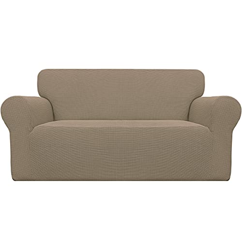 Image of Easy-Going Stretch Loveseat Slipcover 1-Piece Sofa Cover Furniture Protector Couch Soft with Elastic Bottom for Kids Polyester Spandex Jacquard Fabric Small Checks (Loveseat, Natural)