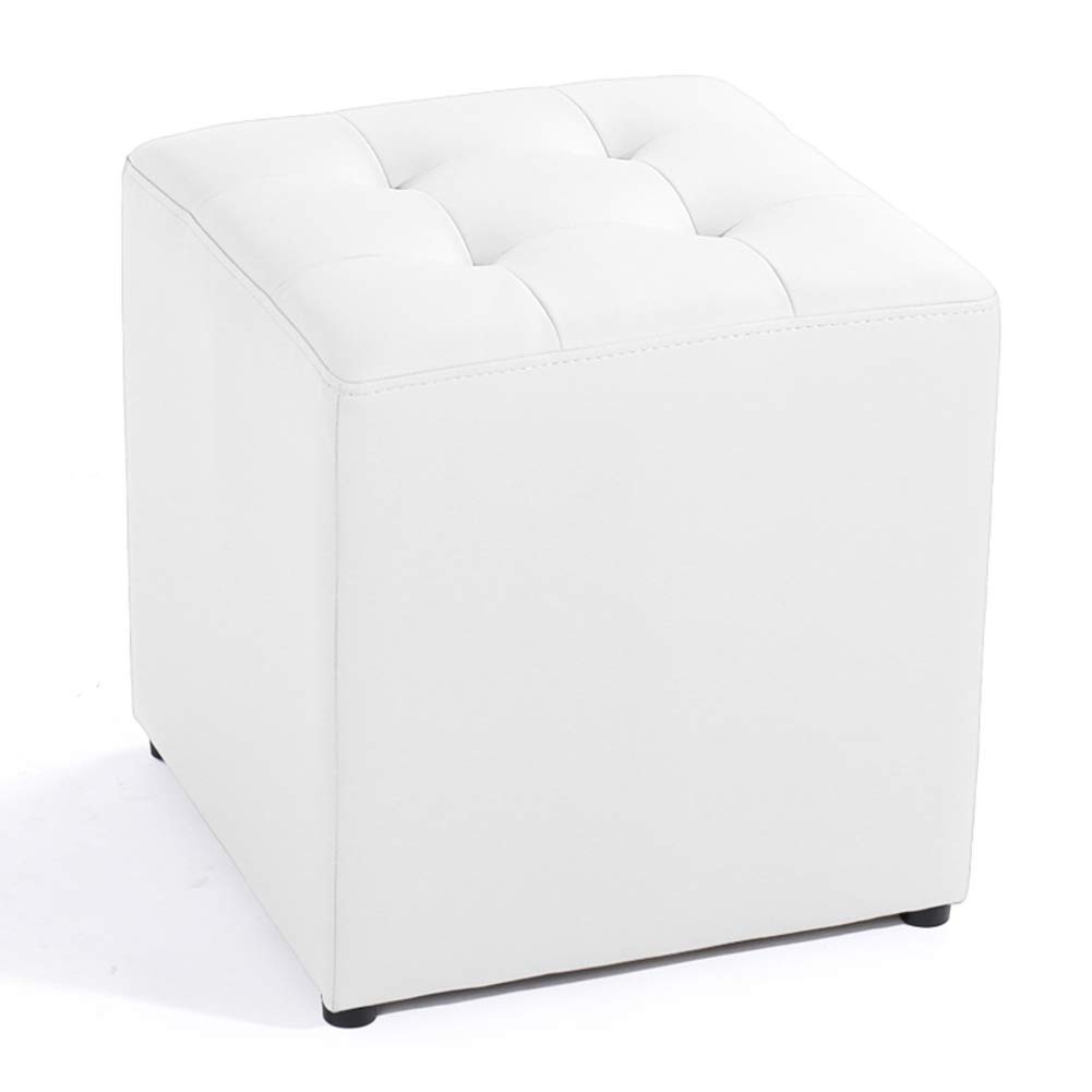 Pouf en cuir blanc pour salon cocooning | Repose-pieds bois compact 40cm