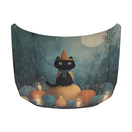 Image of Cute Black Cat Halloween Print Car Hood Cover Easy to Install Fabric Hood Cover Halloween Vehicles Decorate Engine Removable Automotive Accessories Personalized Suitable for Cars(59x39 Inch)