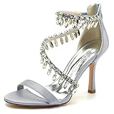 Brautschuhe Damen, 8,5 Cm Kleid Mit Spitzen Zehen Und Stiletto-Sandalen Reißverschluss Strass Quaste Elegante Bequeme Mode-Pumps Für Hochzeitsfeier Abschlussball,Silber,42 EU