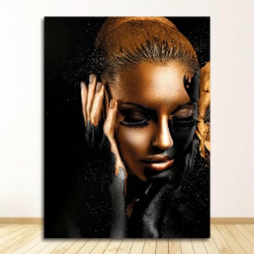 Peinture sur toile noir or portrait femme africaine avec impressions photo haute définition