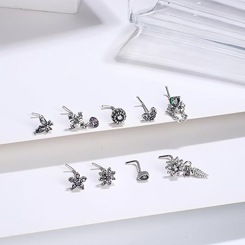 Kakonia 9Pcs Nose Studs Rings 20G Surgical Stainless Steel L Shaped Nose Rings for Women Cute Dangle Butterfly Heart Star Feather Flower CZ Nostril Piercing Jewellery