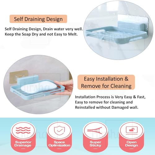 Image of Self Adhesive Soap Holder for Bathroom Wall | Plastic Soap Stand with Drain Tray | Wall Mounted Soap Dish | No Drilling Bathroom Soap Holder (02 Blue Rectangular)