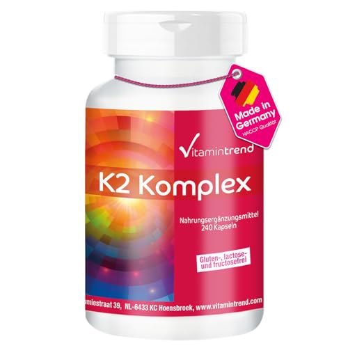 Vitamintrend Vitamin K2 Komplex 1250µg, 240 Kapseln, hochdosiert, MK-4 und MK-7, Nahrungsergänzungsmittel vegan ohne Magnesiumstearat, in Deutschland hergestellt