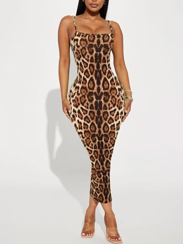 Image of Women's Midi Bodycon Tight Dress - Spaghetti Strap Summer Casual Leopard Cheeath Print Club Party Long Fitted Slip Dresses