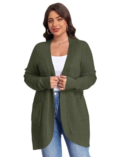 Image of LARACE Long Cardigans for Women Plus Size Tops Open Front Sweaters with Pockets Waffle Ribbed Sleeve Loose Fall Outwear