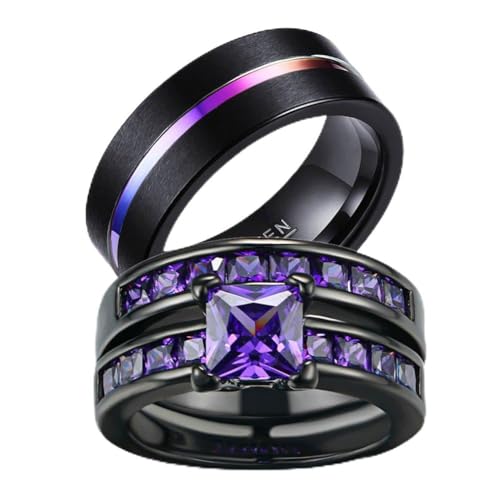 LOVERSRING Couple Ring Bridal Set His Hers Women Black Gold Plated CZ Men Tungsten Carbide Wedding Ring Band Set