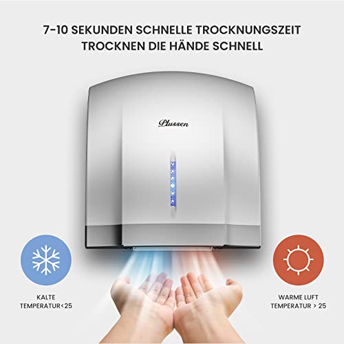 PLUSSEN Asciugamani 10 Secondi di Asciugatura a Risparmio energetico Commerciale Elettrico asciuga Mani Automatico per Cucina Bagno toilette1800W (argento-1003)