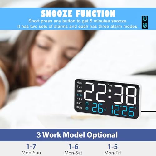 Image of EASEPRES 9 inch LED Digital Wall Clock with Date, Day, Temperature Display & Dual Alarm - USB Powered, Adjustable Brightness - Ideal for Bedroom, Office, Seniors, Home Decor (White + Blue)