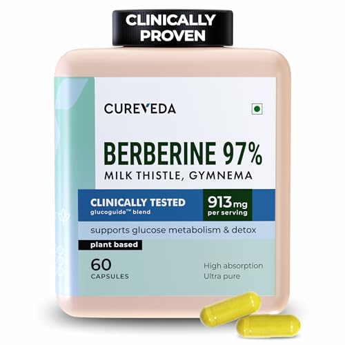 Cureveda Berberine 97% with Milk Thistle & Gymnema | Clinically Tested Gluco Guide Blend For Glucose Control | Supports Weight Management and Glucose Level - 913mg Per Serving - 60 Capsules