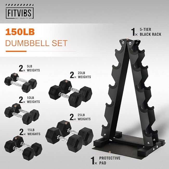 Rubber Coated Hex Dumbbell Weight Set and Storage Rack, 100LB Set or 150LB Set, 5-20 lbs Pairs or 5-25 lbs Pairs