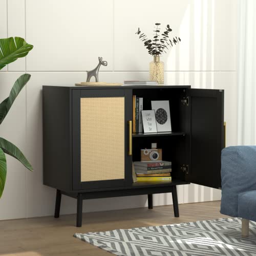Jozzby Rattan Sideboard Buffet Cabinet, Black Cabinet With Rattan Doors And Adjustable Shelves, Accent Cabinet For Dining Room,Hallway #TOP3