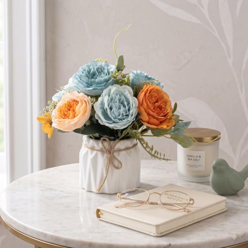 Image of Dekorly Artificial Lavender Plant in White Pot, 18cm - Realistic Faux Flower Arrangement for Home & Office Decor (Set of 1) (1, New Peony Lower)
