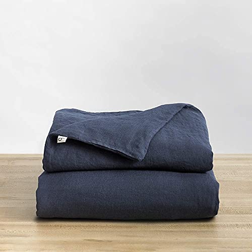 Natural Linen Duvet Cover from Baloo, Removable Cover for Weighted Blankets - Soft, Premium, Breathable French Linen, 60x80 inches, Navy Blue