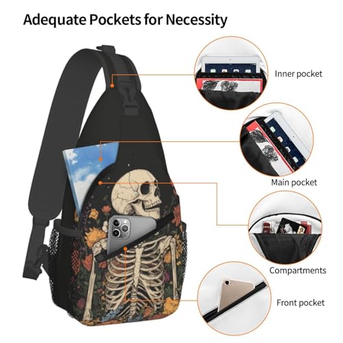 Image of SUPLUCHOM Sling Bag Skeleton Flower Skull Vintage Hiking Daypack Crossbody Shoulder Backpack Travel Chest Pack for Men Women