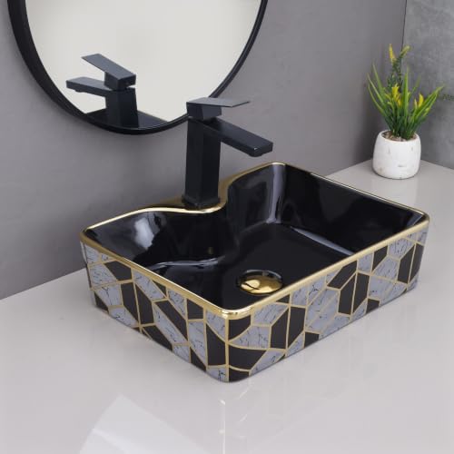 Image of HARDSTONE Black & Gold Ceramic Wash Basin 19x15x5 Inches