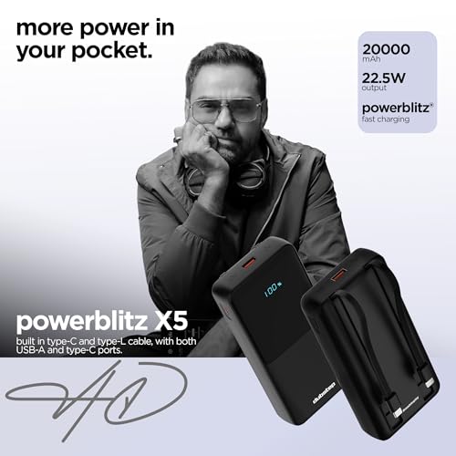 Image of Dubstep PowerBlitz X5 20000mAh 22.5W Power Bank, Built-in Type-C & Lightning Cables, 4 Outputs, LED Display, Quick Charge 3.0, PD Fast Charging (Black)