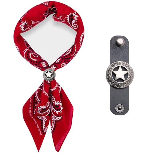 27.5 * 27.5 inches Oversize Bandana Scarf with Star Concho, Red Paisley Pattern, Handmade Leather Square Scarf Buckle Ring, Gifts for Men