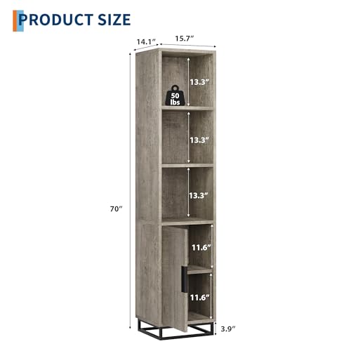 GarveeHome Tall Bathroom Cabinet, 70" Narrow Storage Cabinet with Door and Adjustable Shelf, Open Storage Freestanding for Laundry Room, Kitchen, Living Room, Small Space, Grey
