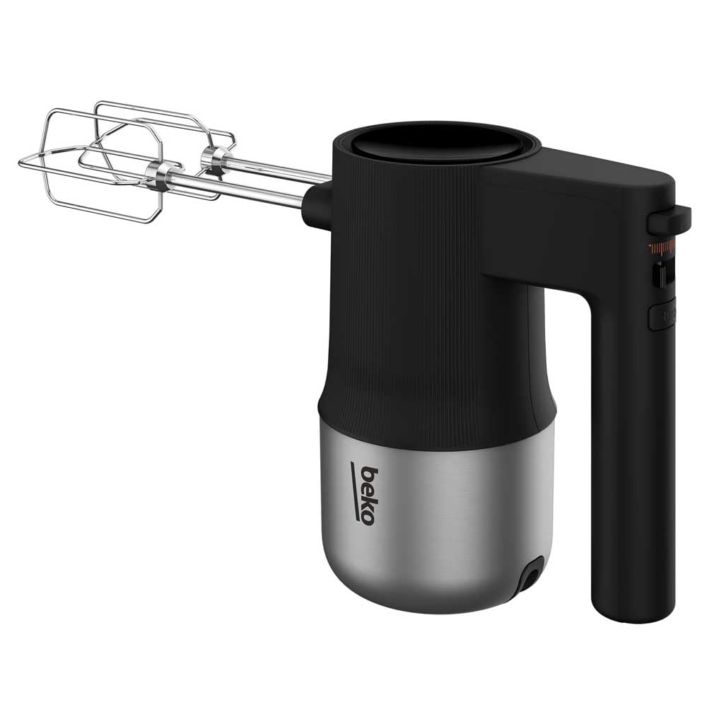 BEKO, Batteur, Puissance : 500 W, 4 vitesses + Turbo, Fouets + crochets en acier inoxydable résistants au LV, Bouton d’éjection, Poignée ergonoique, Noir et Inox