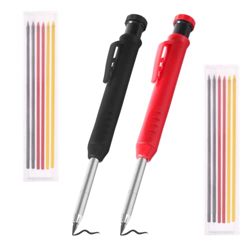 2 Pieces Mechanical Carpenter Pencil with 14 Refill in 2 Colors with Built-in Pencil Sharpener Deep Hole Mechanical Pencil for Marking Drill Holes Architects Carpenters Drawing(Red-Black)