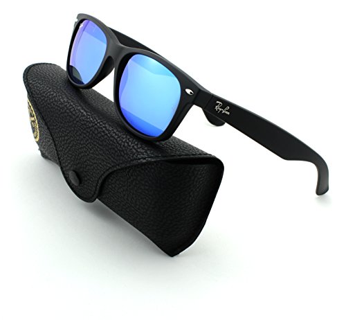 Ray-Ban womens Rb2132 New Wayfarer sunglasses, Rubber Black Frame/Grey Mirror Blue Lens 622/17, Medium US