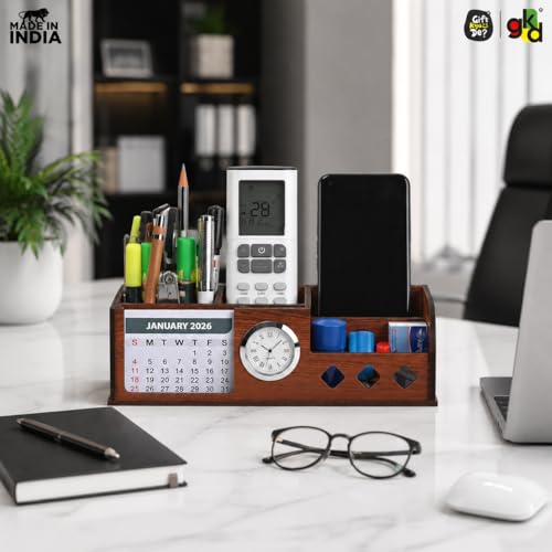 Image of GKD Wooden Desk Calendar 2026 with Clock & Desk Organizer | Premium Engineered Wood Table Calendar for Office & Home Decor | Corporate Gift | Made in India