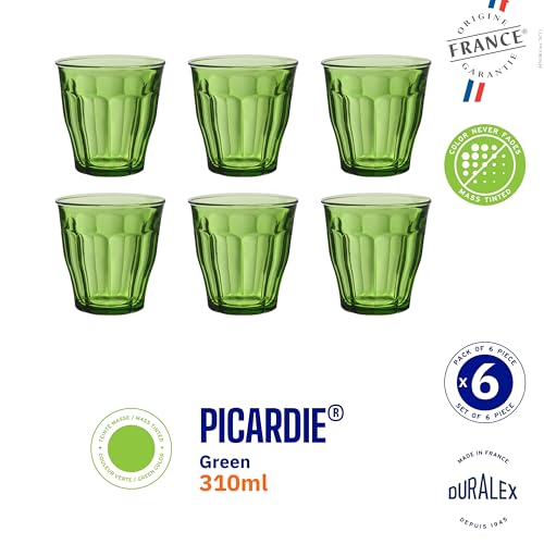 Image of Duralex France Picardie Green Tempered Glass Tumbler 310 ML Set of 6 Glasses | 3X Stronger & Durable | Microwave & Dishwasher Safe | Ultra Scratch-Resistant | Stylish & Giftable Drinking Glass