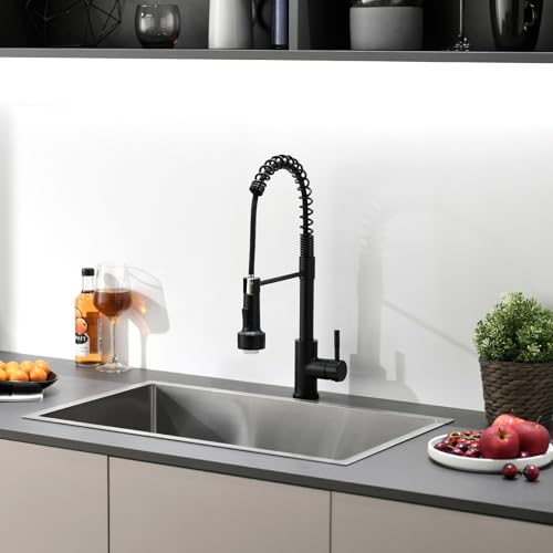 Image of GIMILI Commercial Kitchen Sink Faucet,Single Handle Solid Brass Pull Down Sprayer Spring Matte Black Kitchen Faucet with LED Light