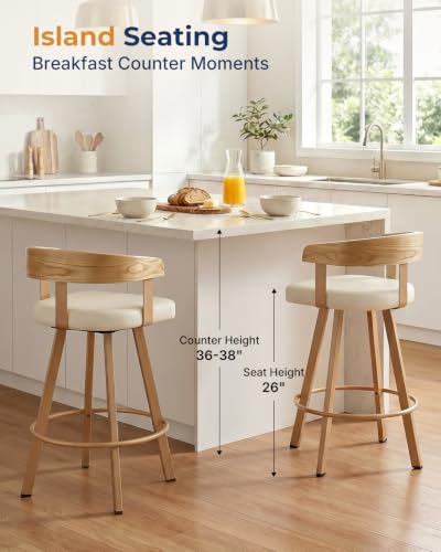 Image of FORSPARK 26 inch Swivel Counter Height Bar Stools, 350 lbs Capacity Barstool | 360 Rotation, Easy to Assemble, Wide Foam Seat, Solid Wood Backrest, Heavy Weight for Kitchen Dining Cafe, Beige & Natural