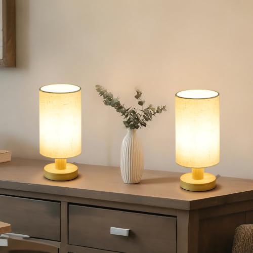 Image of Bedside Lamps Set of 2, Bamboo Small Table Lamp for Nightstand | 10'' Minimalist Nightstand Lamps, Modern Desk Lamp for Bedroom, for Living Room, E26, Natural