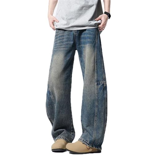 Men’s Curved Knife Design Jeans, Loose Fit, Splicing Denim Pants, Trendy Baggy Style