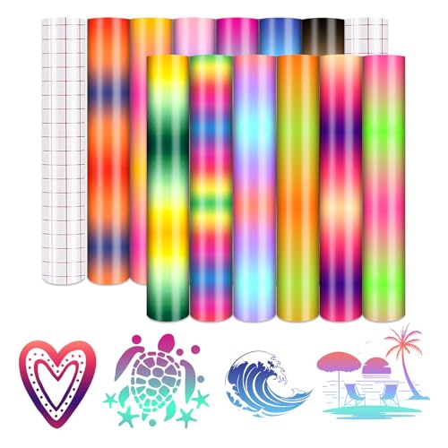 Tintnut Rainbow Ombre Color Permanent Vinyl-12 Pack 12 "x10 Adhesive Vinyl Sheets Set, Self Adhesive Vinyl Sheets for Cutting Machine?Outdoor Permanent Vinyl Sheets for Party Decoration, DIY Mug