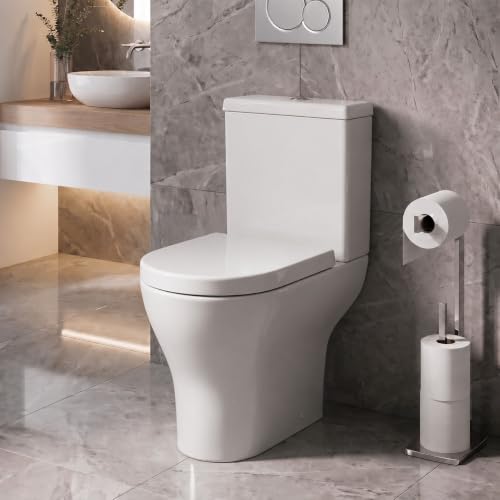 Affine Arles Rimless Close Coupled Toilet Modern Comfort Height WC Short Projection Cloakroom Toilet Soft Close Quick Release Seat Dual Flush Cistern D-Shape Pan White Gloss