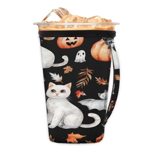 Cat Pumpkin Leaf M Reusable Iced Insulator Coffee Sleeves Neoprene Insulated Sleeves With Handle Coffee Sleeves for Iced Coffee Cups Drinks