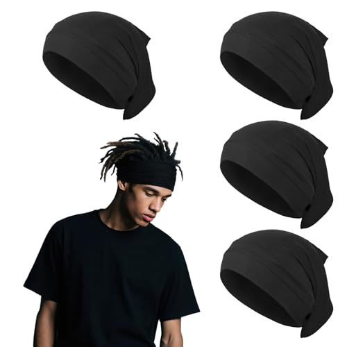 4Pcs Spandex Dreadlock Cap Turban, Wide Elastic Dread Loc Cap for Men,Soft Black Head Wraps for Locs, Dreadlock Accessories