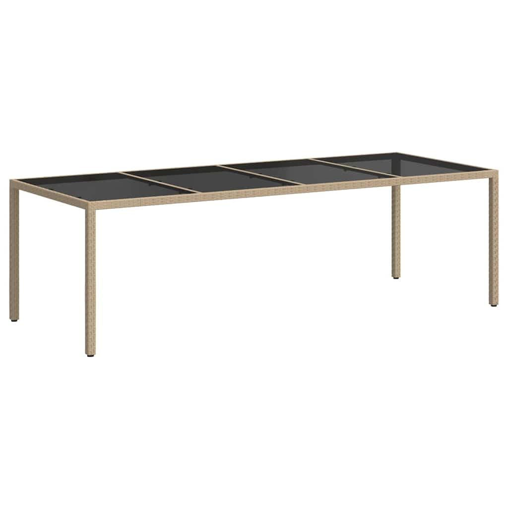 Mesa de jardín beige 250 x 100 x 75 cm con tablero de cristal templado y ratán sintético, resistente a la intemperie, marco de acero pulverizado, ideal para terraza, balcón y uso en