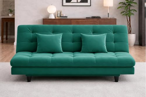 Image of Rosebell Modern Wooden 3-Seater Sofa Cum Bed Foldable Velevt Fabric Sofa for Living Room, Guest Room & Office-Green-Color