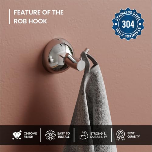 Image of USF Heavy Duty 304 Stainless Steel Robe Hook, Towel Holder & Cloth Hanger for Bathroom Accessories, Smooth Edge Protection, 25 Years Warranty (Chrome Finish, Pack of 1) - Torin