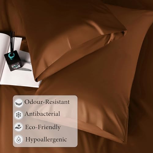 Image of RD TREND Microfiber Satin Weave Fitted Bedsheets for Queen Size Bed 78x60x10 Inch with 2 Pillow Covers-18x28 Inch | 400 TC All Around Elastic | Coffee