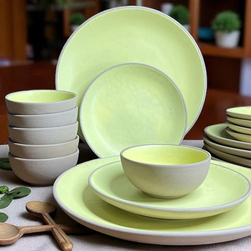 Image of Hand Painted Ceramic Dinnerware Set - 18 Pieces | 6 Dinner Plates, 6 Small Plates, 6 Katori Bowls | Earthy Yellow| Microwave & Dishwasher Safe | Perfect for Home & Gifting