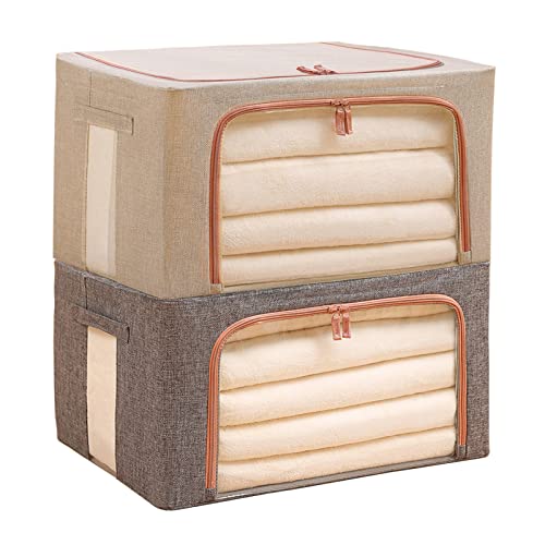 2 Stück große Kapazität Kleidung Aufbewahrungsbehälter, faltbarer Stahlrahmen, perfekt für Bettdecken, Bettwäsche, Spielzeug, mit stabilem Reißverschluss und transparentem Fenster, 22 l Cover