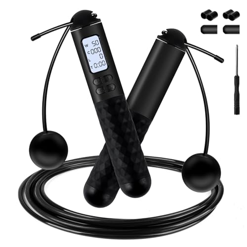 iMoebel Springseil mit Zähler, Verstellbar Speed Rope Seilspringen Stahlseil Anti-Rutsch Griffe Kalorienzähler Timer für Fitness Boxen Abnehmen Crossfit, Schwarz