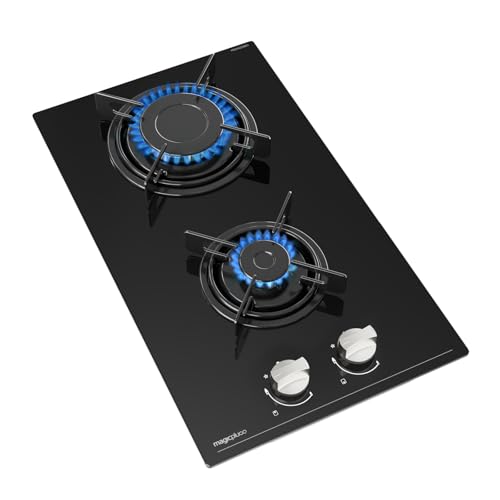 Magicplux Plaque de Gaz 2 Feuxs, Plaque de Cuisson Gaz 2 Feux Encastrable, Table de Cuisson Gazs 30cm, Gazs Ville et Bouteille, 4300W, Verre Noir