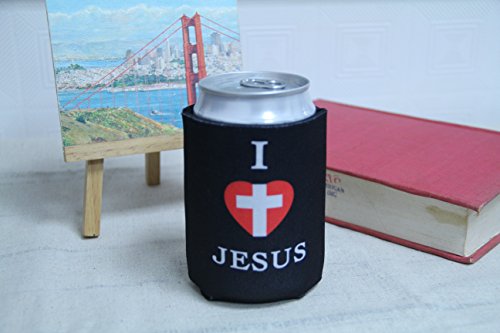 Tainada Neoprene Beer Beverage Drink Can Coolie Cooler Insulators (2 pcs,Double Sided Printing) + One Coaster (I Love Jesus) - Image 3