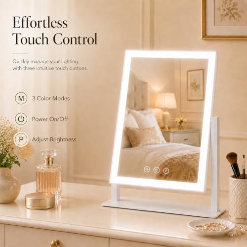 Image of ROLOVE 16 inchx13 inch Vanity Mirror with Lights, Three Colors Lighting Mode, 360Rotation, Lighted Makeup Mirror wih Stand for Desk, Bedroom, Dorm, Gifts for Women